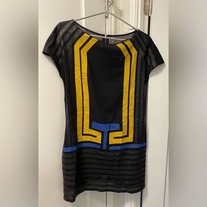 Black Mesh Lined Short Dress with Black Yellow and Blue Stripes and Cap Sleeves